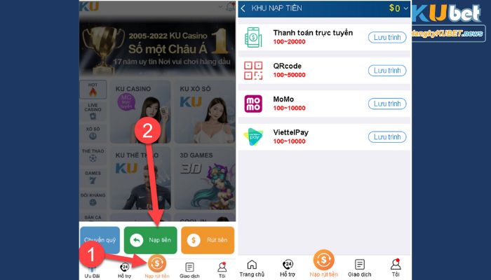 Vào mục Nạp tiền tại sân chơi cá cược Kubet để giao dịch